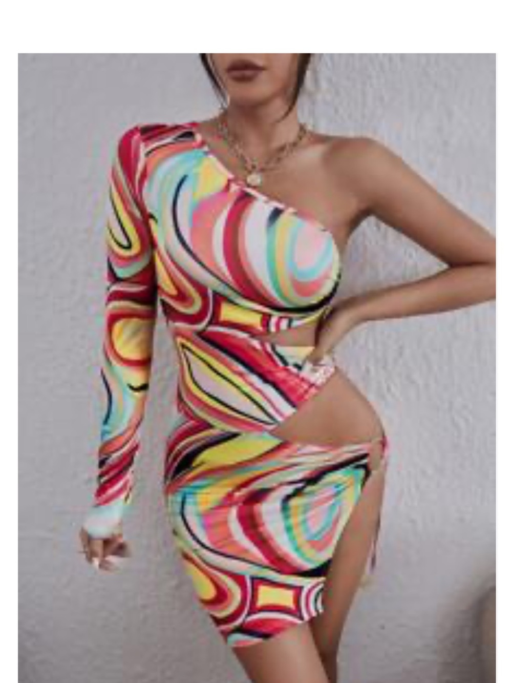 SHEIN One-Shoulder Multicolor Swirl Cutout Mini Dress